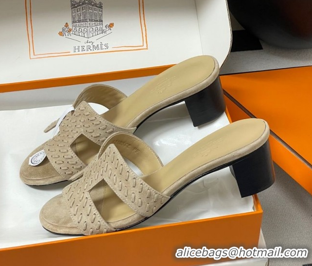 Good Quality Hermes Classic Oasis Heel Slides Sandal 4.5cm in Braided Suede Beige 1023091