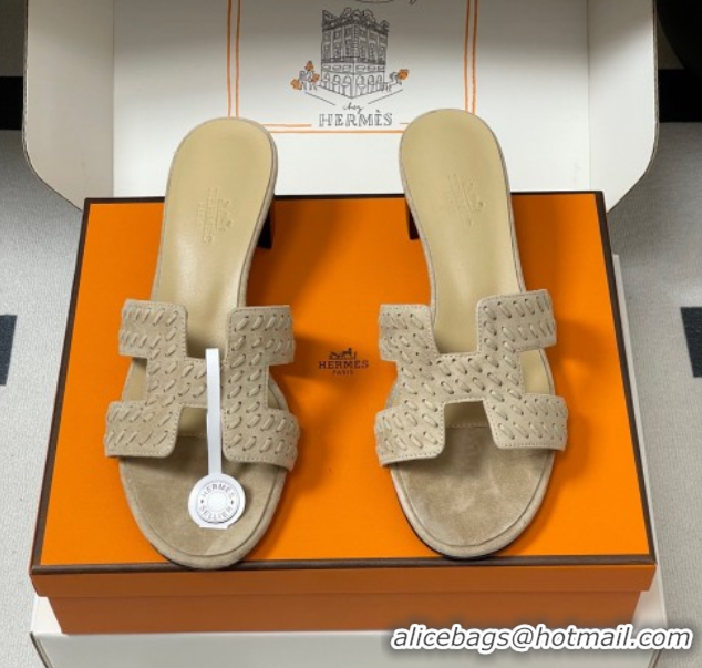 Good Quality Hermes Classic Oasis Heel Slides Sandal 4.5cm in Braided Suede Beige 1023091