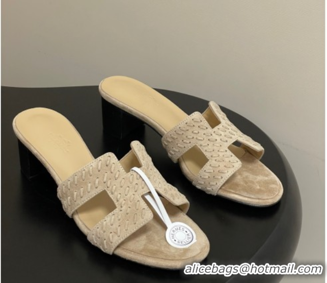 Good Quality Hermes Classic Oasis Heel Slides Sandal 4.5cm in Braided Suede Beige 1023091
