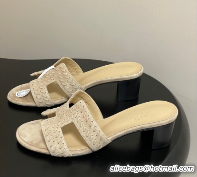 Good Quality Hermes Classic Oasis Heel Slides Sandal 4.5cm in Braided Suede Beige 1023091