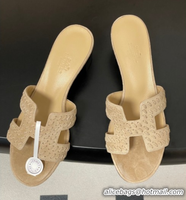 Good Quality Hermes Classic Oasis Heel Slides Sandal 4.5cm in Braided Suede Beige 1023091