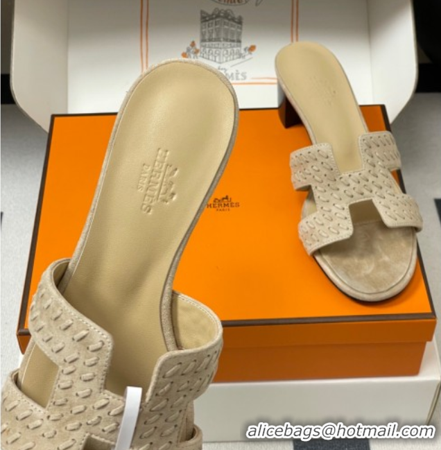 Good Quality Hermes Classic Oasis Heel Slides Sandal 4.5cm in Braided Suede Beige 1023091