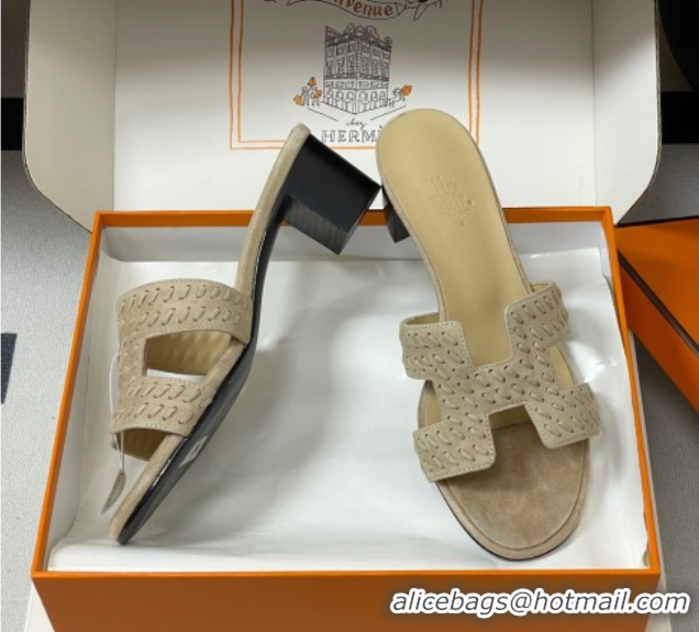 Good Quality Hermes Classic Oasis Heel Slides Sandal 4.5cm in Braided Suede Beige 1023091