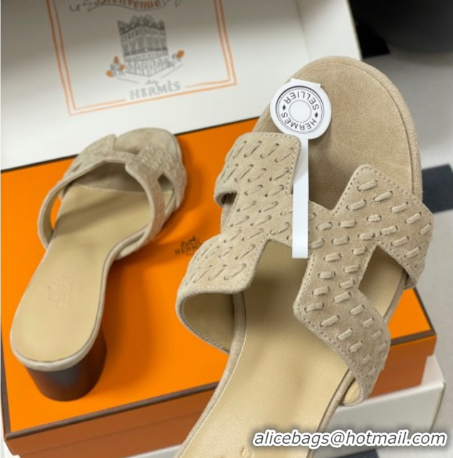 Good Quality Hermes Classic Oasis Heel Slides Sandal 4.5cm in Braided Suede Beige 1023091