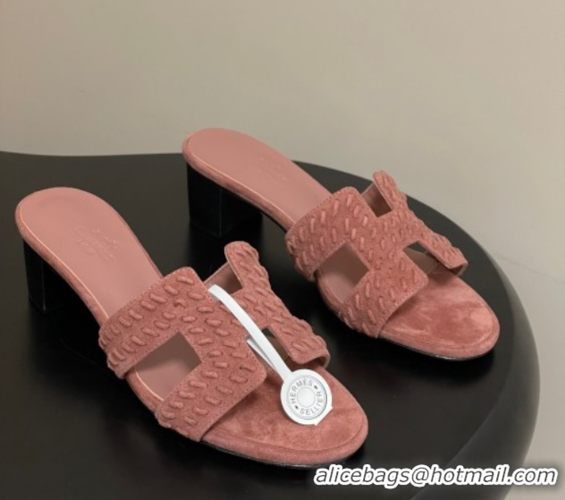 Grade Quality Hermes Classic Oasis Heel Slides Sandal 4.5cm in Braided Suede Pink 1023093