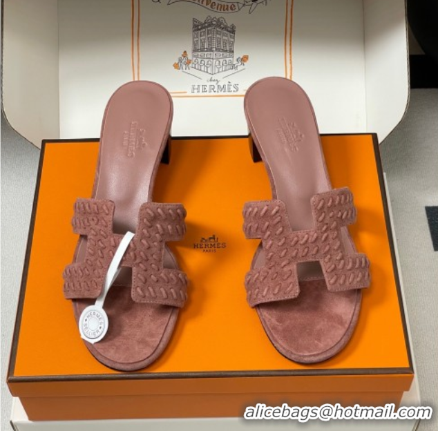 Grade Quality Hermes Classic Oasis Heel Slides Sandal 4.5cm in Braided Suede Pink 1023093