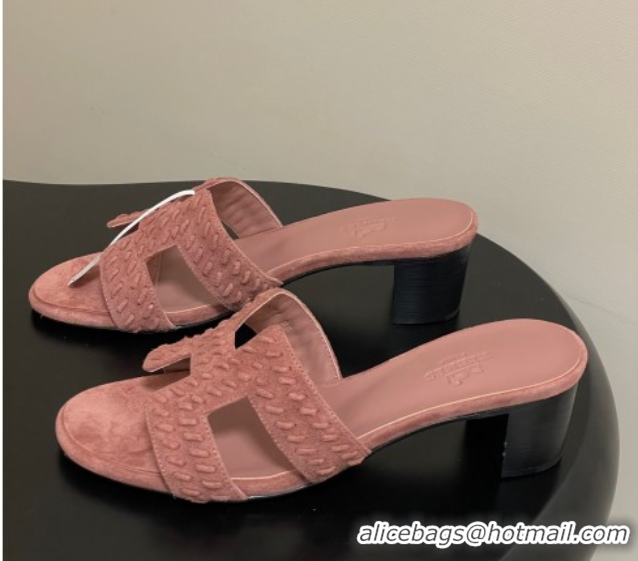 Grade Quality Hermes Classic Oasis Heel Slides Sandal 4.5cm in Braided Suede Pink 1023093