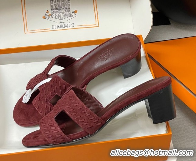 Pretty Style Hermes Classic Oasis Heel Slides Sandal 4.5cm in Braided Suede Burgundy 1023094