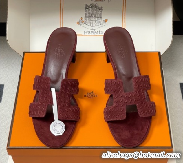 Pretty Style Hermes Classic Oasis Heel Slides Sandal 4.5cm in Braided Suede Burgundy 1023094