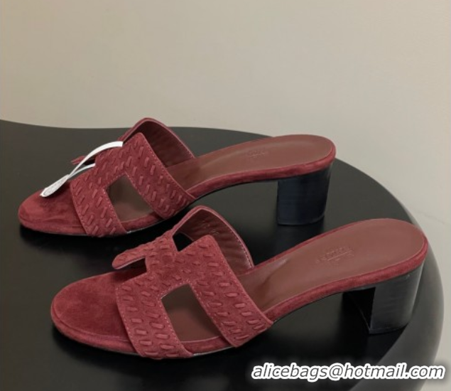 Pretty Style Hermes Classic Oasis Heel Slides Sandal 4.5cm in Braided Suede Burgundy 1023094