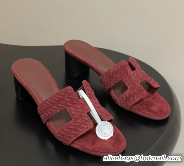 Pretty Style Hermes Classic Oasis Heel Slides Sandal 4.5cm in Braided Suede Burgundy 1023094