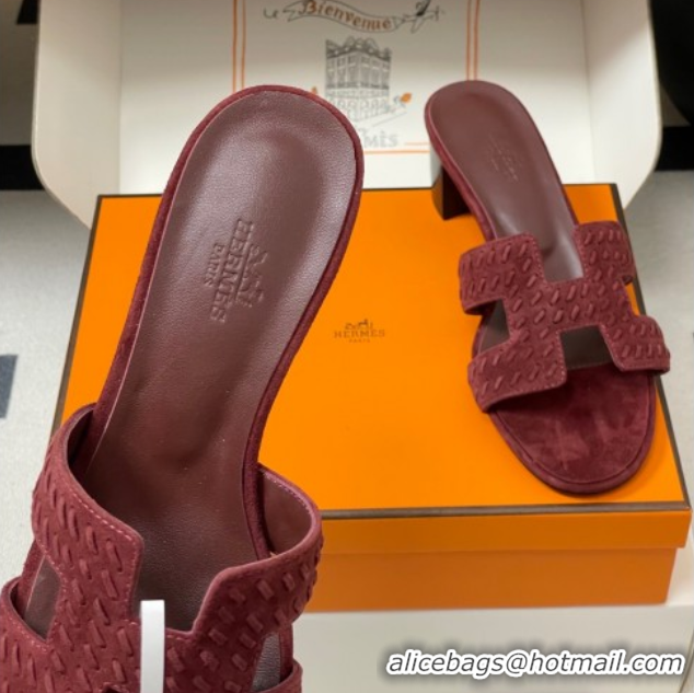 Pretty Style Hermes Classic Oasis Heel Slides Sandal 4.5cm in Braided Suede Burgundy 1023094