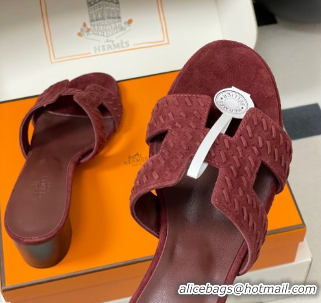 Pretty Style Hermes Classic Oasis Heel Slides Sandal 4.5cm in Braided Suede Burgundy 1023094