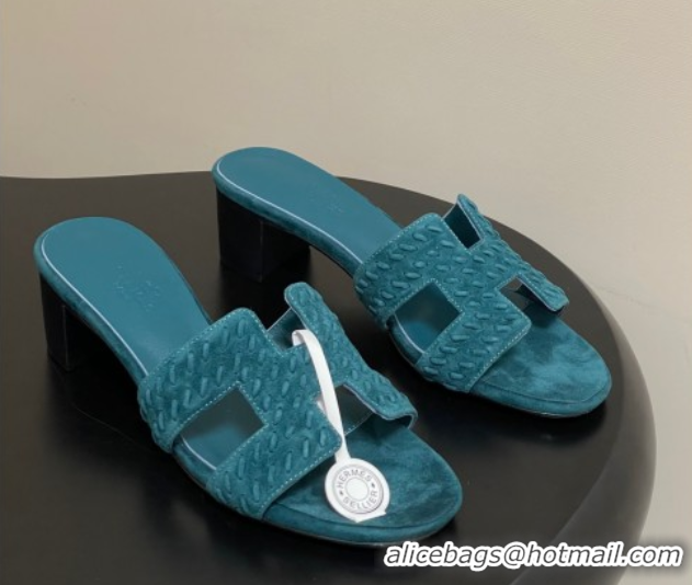 Classic Hot Hermes Classic Oasis Heel Slides Sandal 4.5cm in Braided Suede Blue 1023096