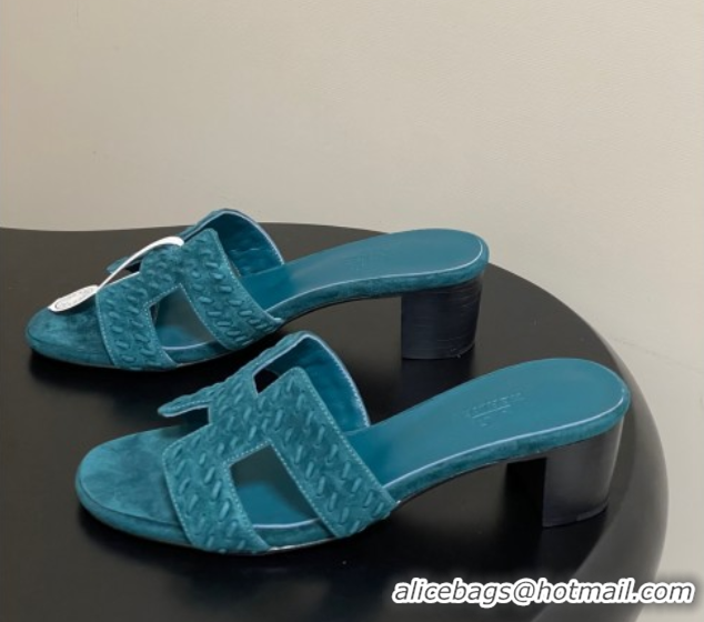 Classic Hot Hermes Classic Oasis Heel Slides Sandal 4.5cm in Braided Suede Blue 1023096