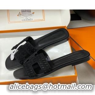 Charming Hermes Classic Oran Flat Slides Sandal in Braided Suede Black 1023097