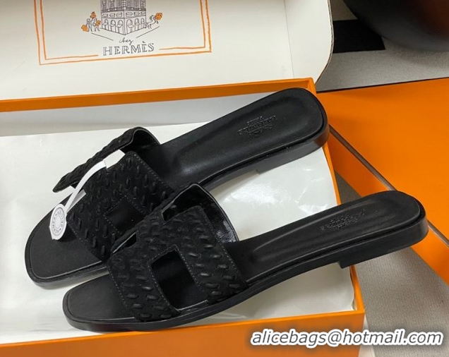 Charming Hermes Classic Oran Flat Slides Sandal in Braided Suede Black 1023097