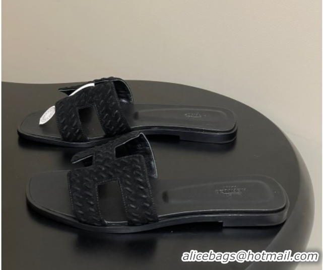Charming Hermes Classic Oran Flat Slides Sandal in Braided Suede Black 1023097