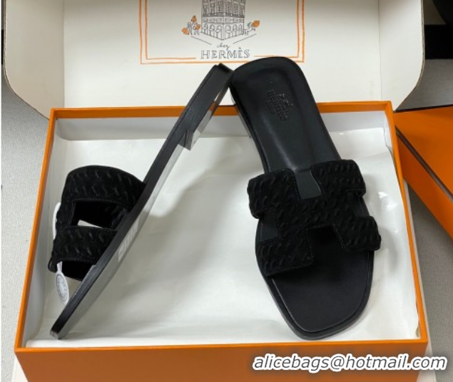 Charming Hermes Classic Oran Flat Slides Sandal in Braided Suede Black 1023097