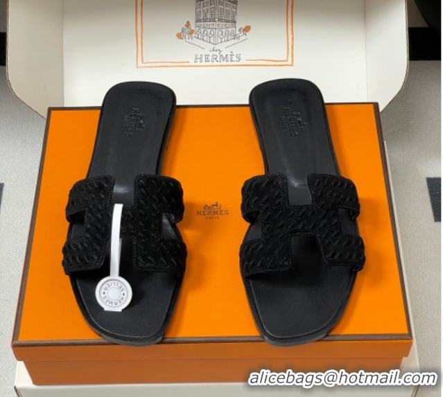 Charming Hermes Classic Oran Flat Slides Sandal in Braided Suede Black 1023097