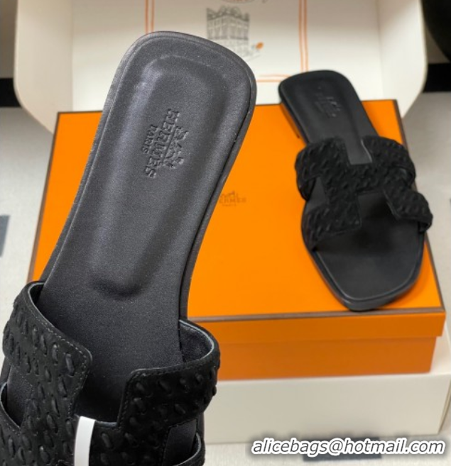 Charming Hermes Classic Oran Flat Slides Sandal in Braided Suede Black 1023097
