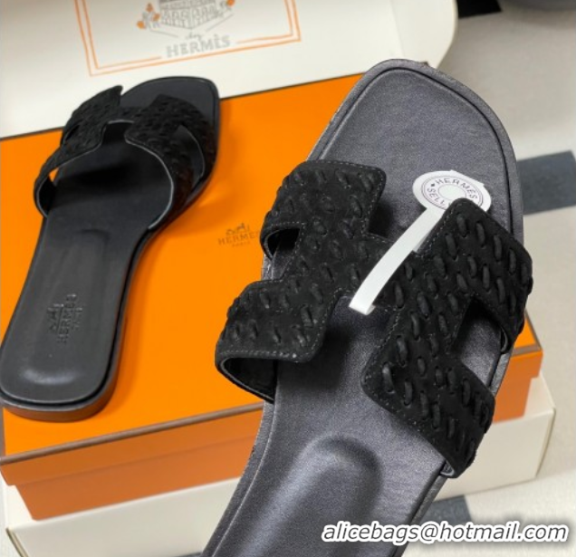 Charming Hermes Classic Oran Flat Slides Sandal in Braided Suede Black 1023097