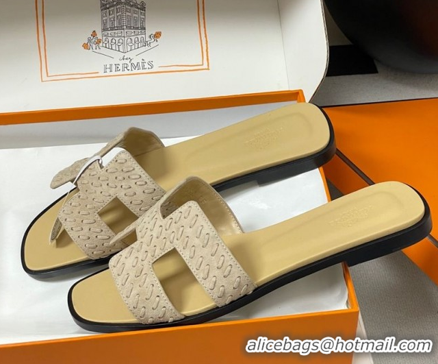 Unique Style Hermes Classic Oran Flat Slides Sandal in Braided Suede Beige 1023098