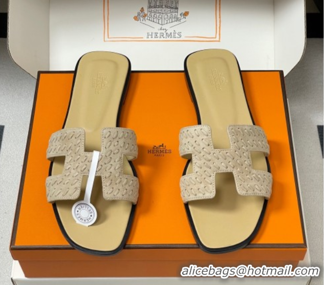 Unique Style Hermes Classic Oran Flat Slides Sandal in Braided Suede Beige 1023098