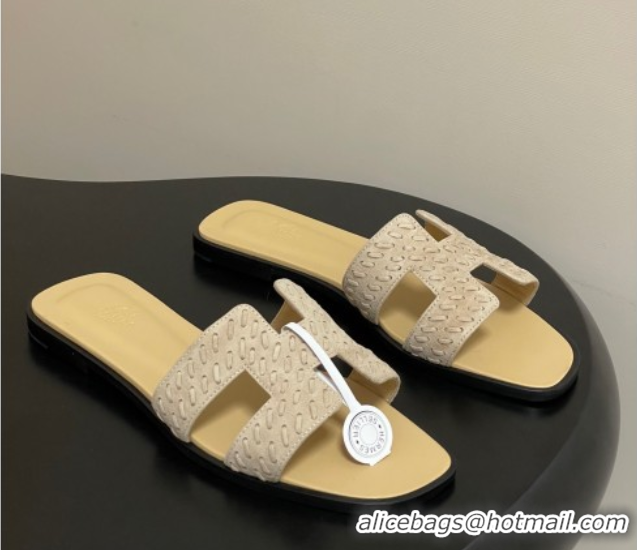 Unique Style Hermes Classic Oran Flat Slides Sandal in Braided Suede Beige 1023098