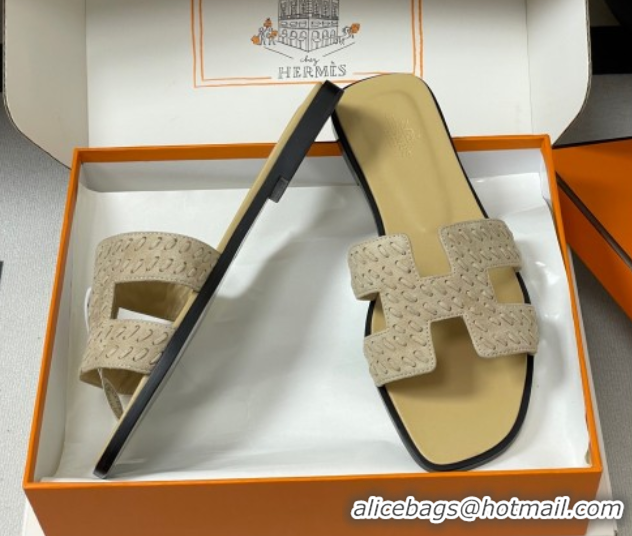 Unique Style Hermes Classic Oran Flat Slides Sandal in Braided Suede Beige 1023098