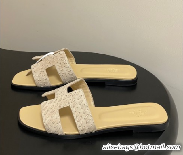Unique Style Hermes Classic Oran Flat Slides Sandal in Braided Suede Beige 1023098