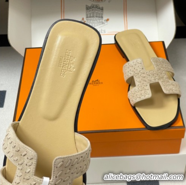 Unique Style Hermes Classic Oran Flat Slides Sandal in Braided Suede Beige 1023098