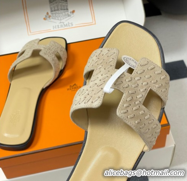 Unique Style Hermes Classic Oran Flat Slides Sandal in Braided Suede Beige 1023098