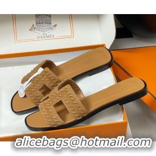 Best Grade Hermes Classic Oran Flat Slides Sandal in Braided Suede Brown 1023099