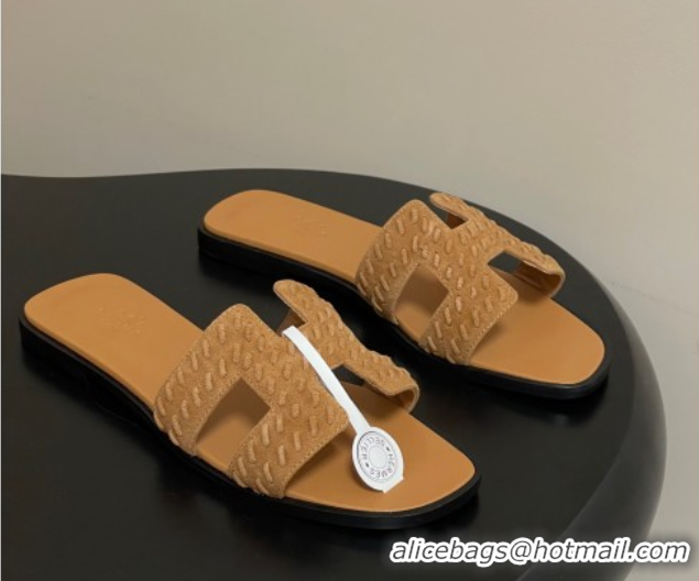 Best Grade Hermes Classic Oran Flat Slides Sandal in Braided Suede Brown 1023099