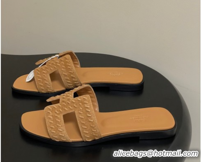 Best Grade Hermes Classic Oran Flat Slides Sandal in Braided Suede Brown 1023099