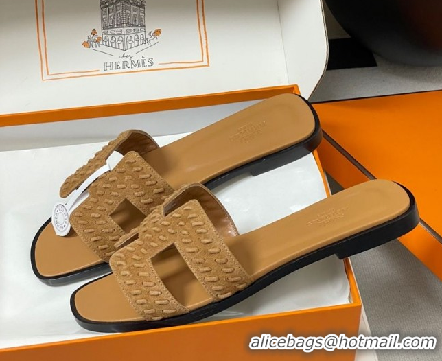 Best Grade Hermes Classic Oran Flat Slides Sandal in Braided Suede Brown 1023099