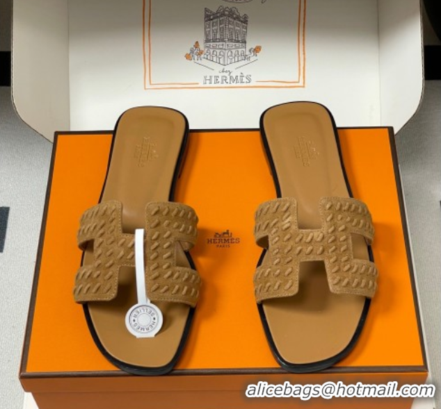 Best Grade Hermes Classic Oran Flat Slides Sandal in Braided Suede Brown 1023099