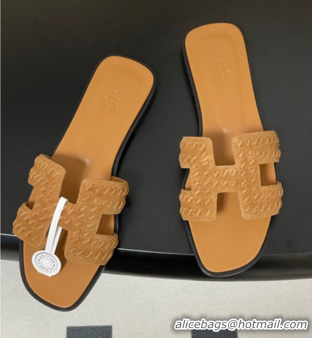 Best Grade Hermes Classic Oran Flat Slides Sandal in Braided Suede Brown 1023099