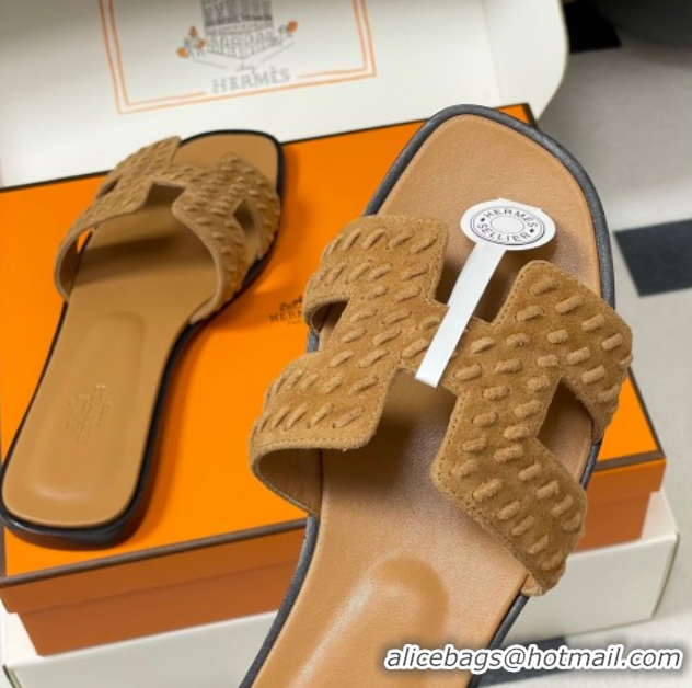Best Grade Hermes Classic Oran Flat Slides Sandal in Braided Suede Brown 1023099