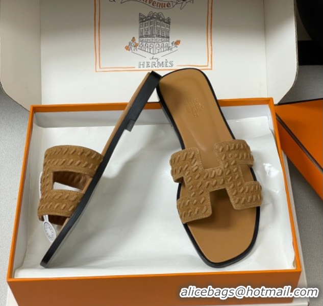 Best Grade Hermes Classic Oran Flat Slides Sandal in Braided Suede Brown 1023099