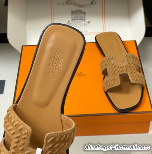 Best Grade Hermes Classic Oran Flat Slides Sandal in Braided Suede Brown 1023099