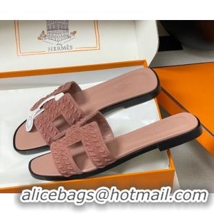 Luxurious Hermes Classic Oran Flat Slides Sandal in Braided Suede Pink 1023100