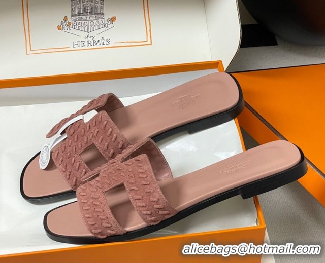 Luxurious Hermes Classic Oran Flat Slides Sandal in Braided Suede Pink 1023100