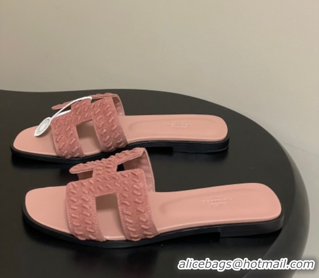 Luxurious Hermes Classic Oran Flat Slides Sandal in Braided Suede Pink 1023100