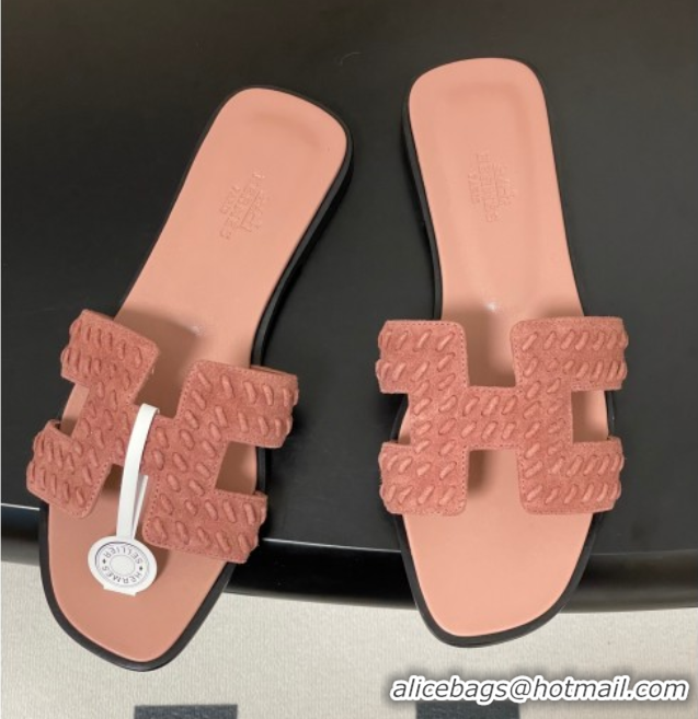Luxurious Hermes Classic Oran Flat Slides Sandal in Braided Suede Pink 1023100