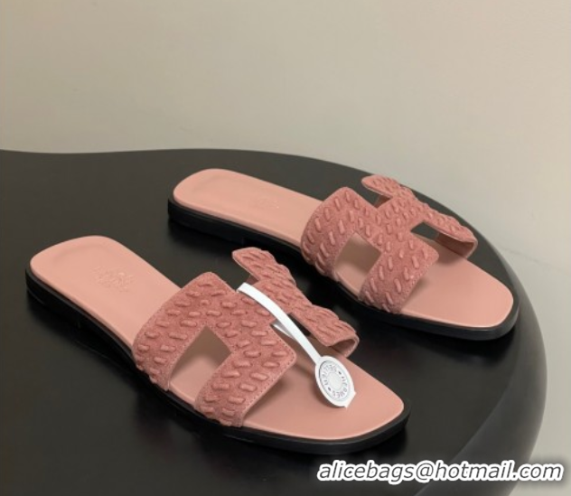 Luxurious Hermes Classic Oran Flat Slides Sandal in Braided Suede Pink 1023100