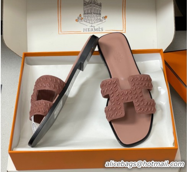 Luxurious Hermes Classic Oran Flat Slides Sandal in Braided Suede Pink 1023100