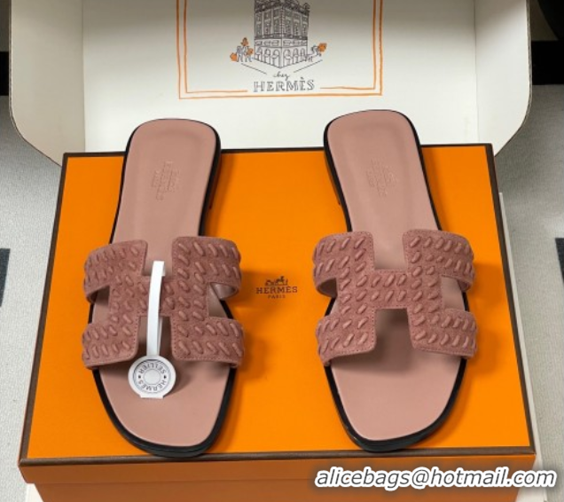 Luxurious Hermes Classic Oran Flat Slides Sandal in Braided Suede Pink 1023100