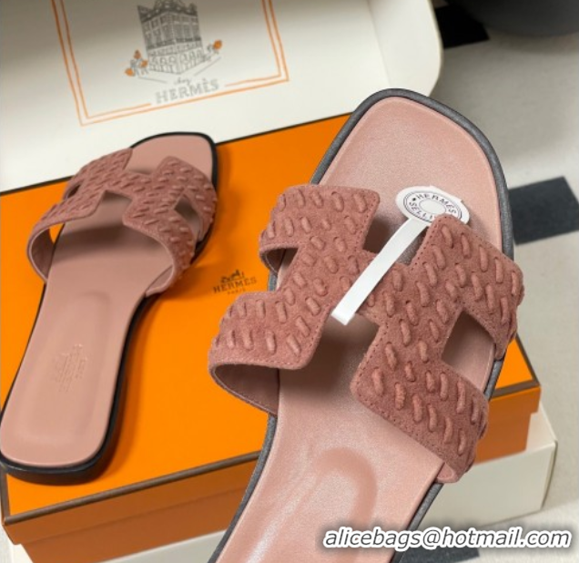 Luxurious Hermes Classic Oran Flat Slides Sandal in Braided Suede Pink 1023100